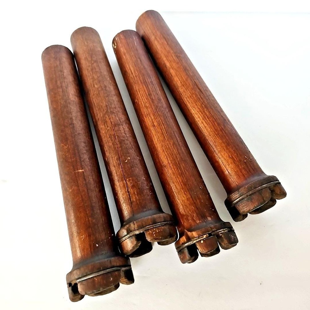 Antique Wooden Textile Bobbins Set of 4 Notched Industrial Quills Rustic Decor